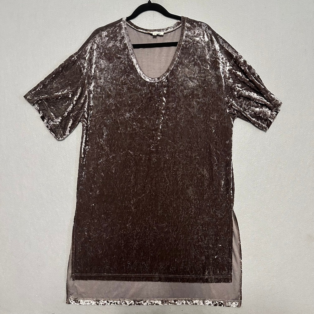 Listicle Crushed Velvet V-Neck Tunic Top Purple Brown Short Sleeve Oversized M
